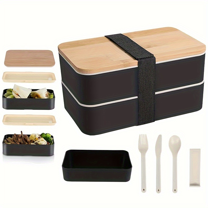 

Leak-proof Wooden Lunch Box With Cutlery - Microwave Safe, Double-layer Insulated Bento Box For Office Workers & Outdoor Fishing