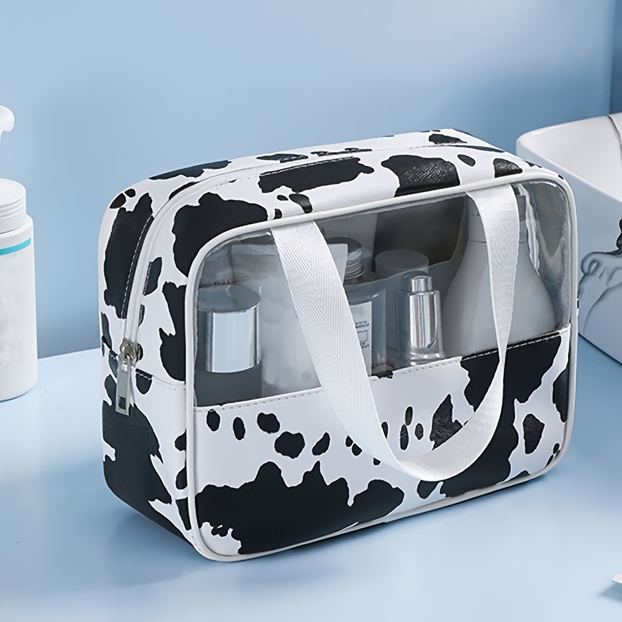 

Cow Print Cosmetic Bag Portable Large Capacity Toiletry Bag With Clear Window