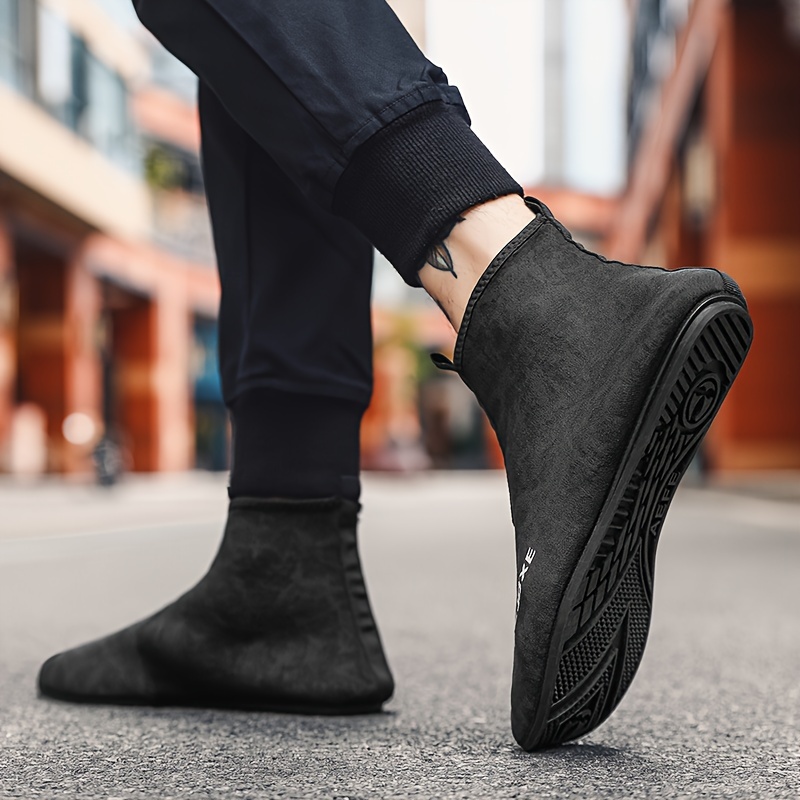 CJOXE Men's Casual Fashion Ankle Boots - Sleek Black Slip-On Walking Shoes with Geometric Design, Comfortable Fabric Lining & Durable Rubber Sole for All-Season Outdoor Activities
