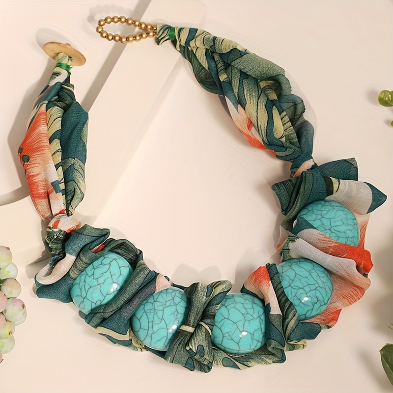 Bohemian Fabric Printed Faux Turquoise Necklace