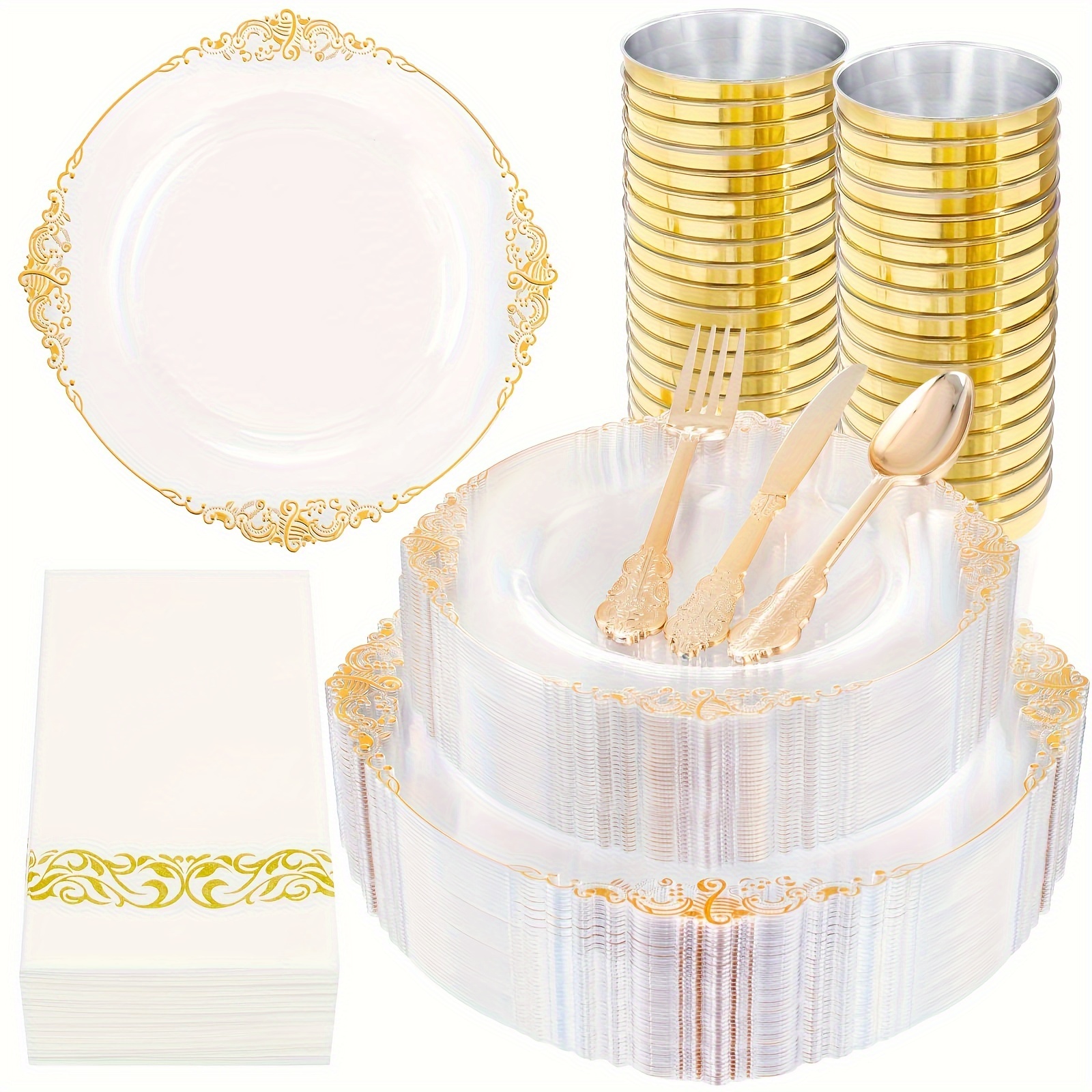 

350pcs Clear Golden Plastic Plates - Golden Plastic Dinnerware Sets For 50 Guests - 100 Golden Disposable Plates, 150 Golden Plastic Silverware, 50 Cups, 50 Napkins For Wedding & Party