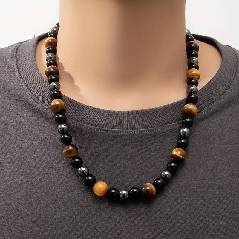 

Men's Fashionable Black Beaded Necklace With Tiger Eye, Hematite & - Magnetic Protection