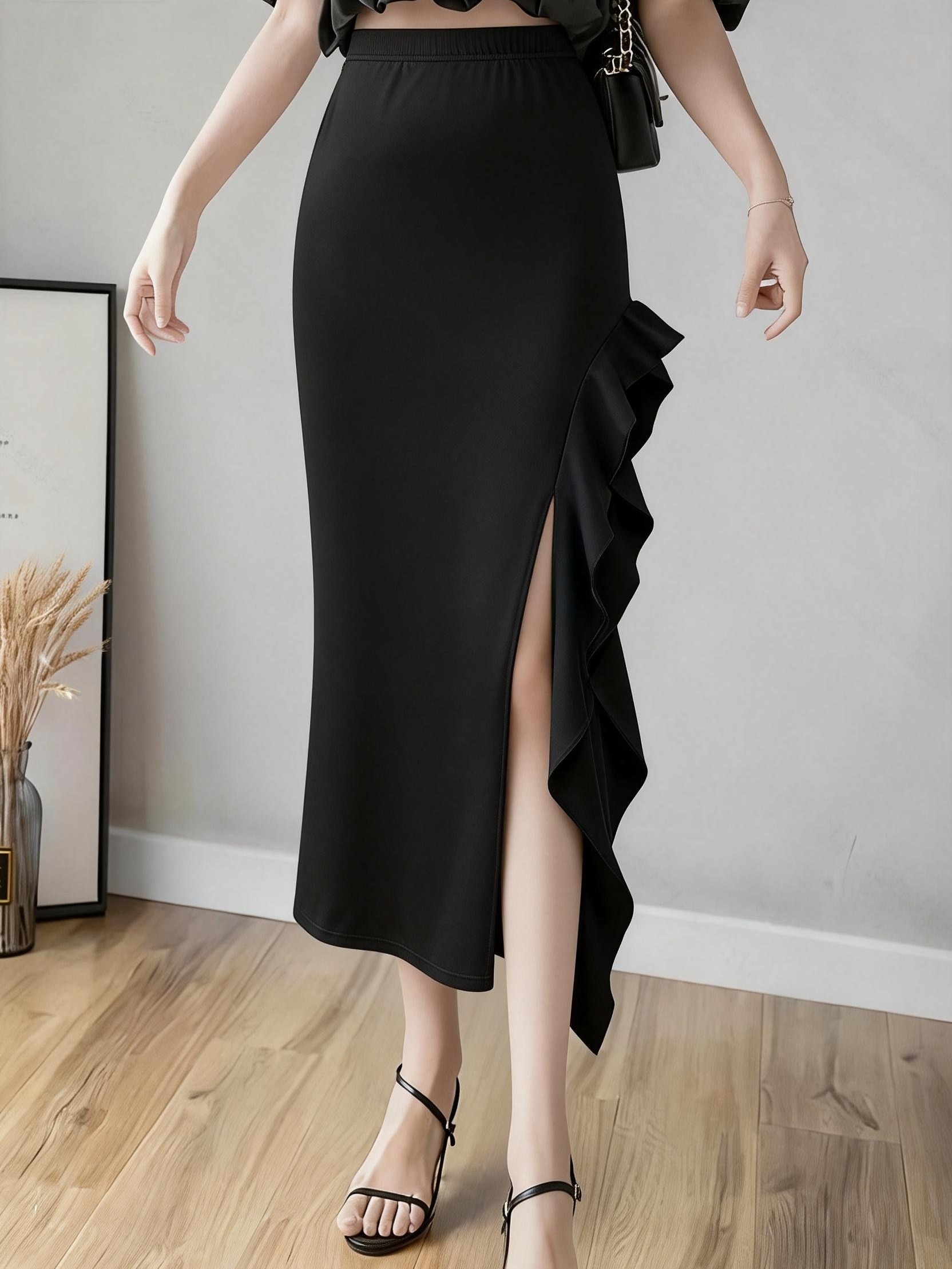 elegant black maxi skirt asymmetrical ruffle hem side slit - Temu