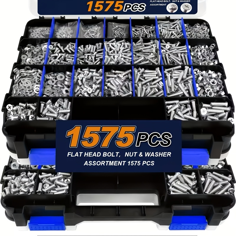 TEMU 1575pcs 304 Stainless Steel Screws Nuts Washers Assortment Kit, Cross Recessed Flat & Oval Head Bolts, Heavy Duty Double Sided Storage Case,