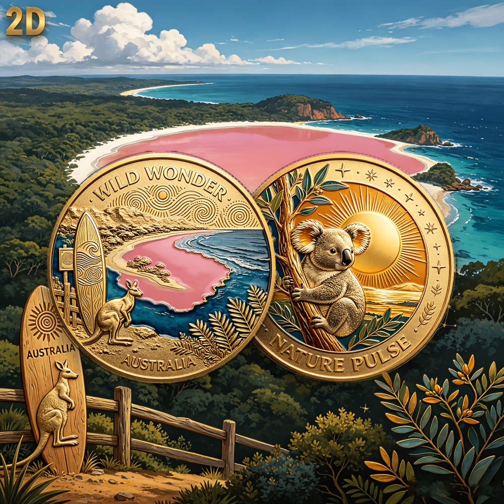 TEMU 1pc, 2d Wild Australia And Nature Pattern Exquisite Collectible Coin, A Commemorative Coin Showcasing Australia's Iconic Coastal Scenery,