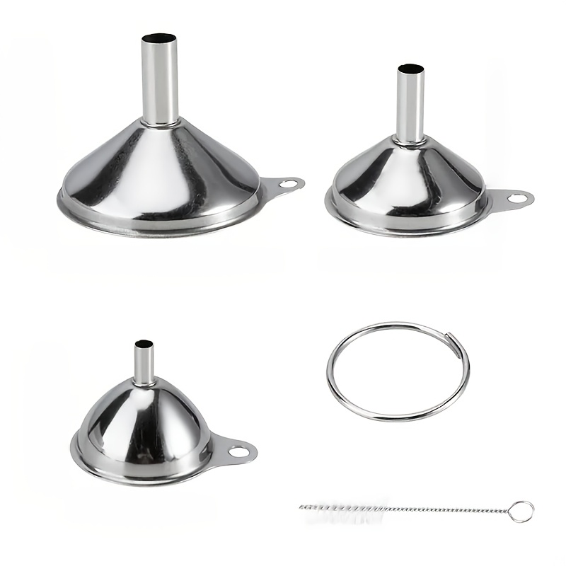 TEMU 5pcs Stainless Steel Kitchen Funnel Set - With Cleaning Brush, Food-grade Stainless Steel, For Easily Transferring Honey, Oil, Spices, And