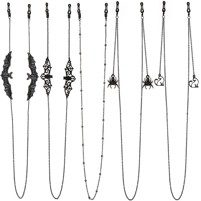 TEMU Set di 5 catenine nere per occhiali a forma di pipistrello - Corde anti-smarrimento per occhiali e mascherine, adatte sia per che per donne
