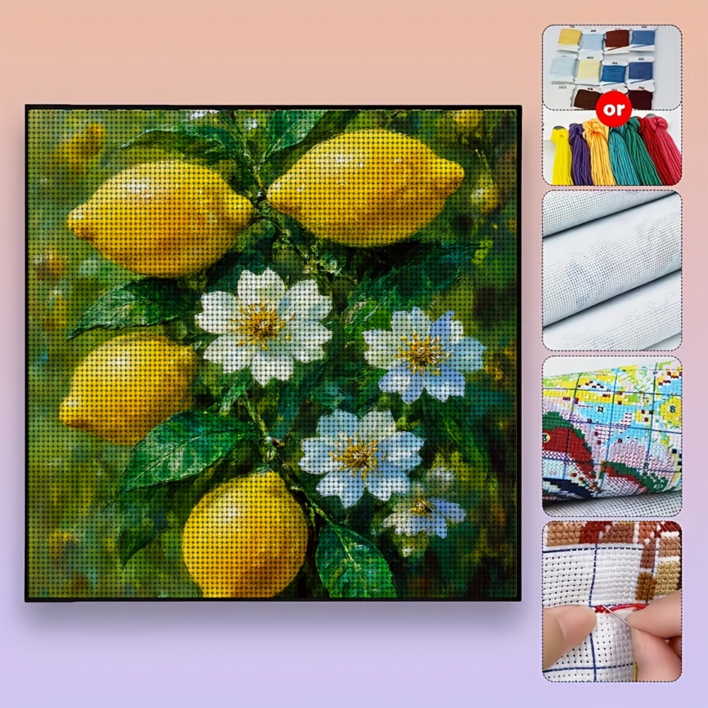 Cross-Stitch Kit Without Frame, Yellow Lemons and White Flowers Design