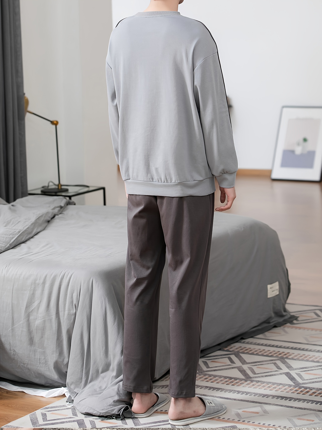 Men's 100% Cotton Sleepwear Set - Casual Spring/Fall Pajama Sets with Crew Neck, Long Sleeve, Pocket Detail, Loose Fit Knit Fabric - Comfy Solid Color Loungewear