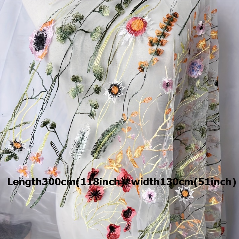 TEMU 1pc Elegant White Mesh Embroidered Floral Fabric - Evening Gowns, Curtains, Stage Backdrops & Wedding Veils, For Wedding