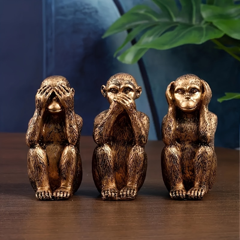 

3pcs, Resin Wise Monkeys Sculptures, "hear No Evil, See No Evil, Speak No Evil" Figurines, Bronze Finish, Home Office Desk Garden Decor, Decorative Craft Ornaments