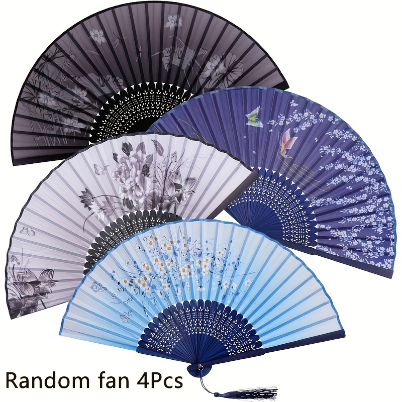 TEMU 4 Handheld Floral Folding Fans, Suitable For Women-retro Chinese And , Bamboo And Aluminum, Suitable For Dance, Fu Props, Role-playing, Party