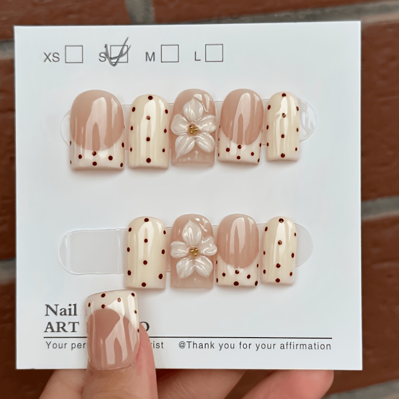 TEMU 10pcs Polka Dot French Carved European Square Style Medium Short Y2k Cute Round Dot Nails, Minimalist Versatile Handmade Nail Tips, Suitable For