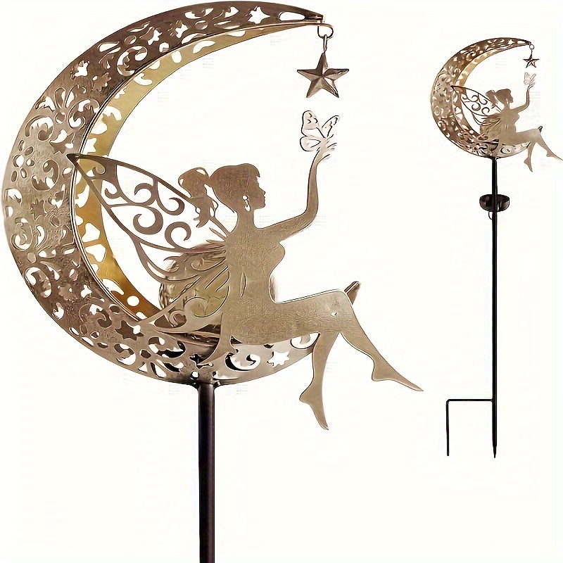 1pc Garden Iron Lamp Solar Garden Star And Moon Projection Lawn Lamp Style Star Elf Decorative Lamp