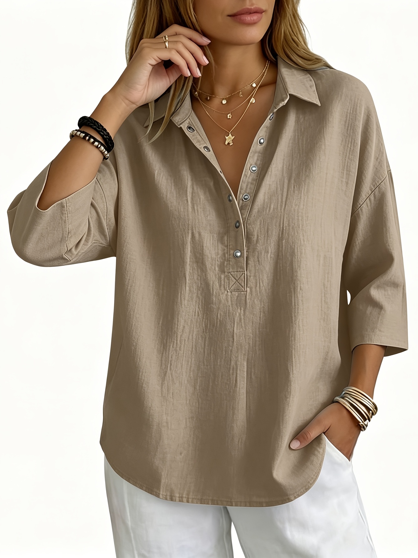 womens elegant comfortable 3 4 sleeve top fashionable button up basic shirt loose casual v neck three quarter sleeve t shirt