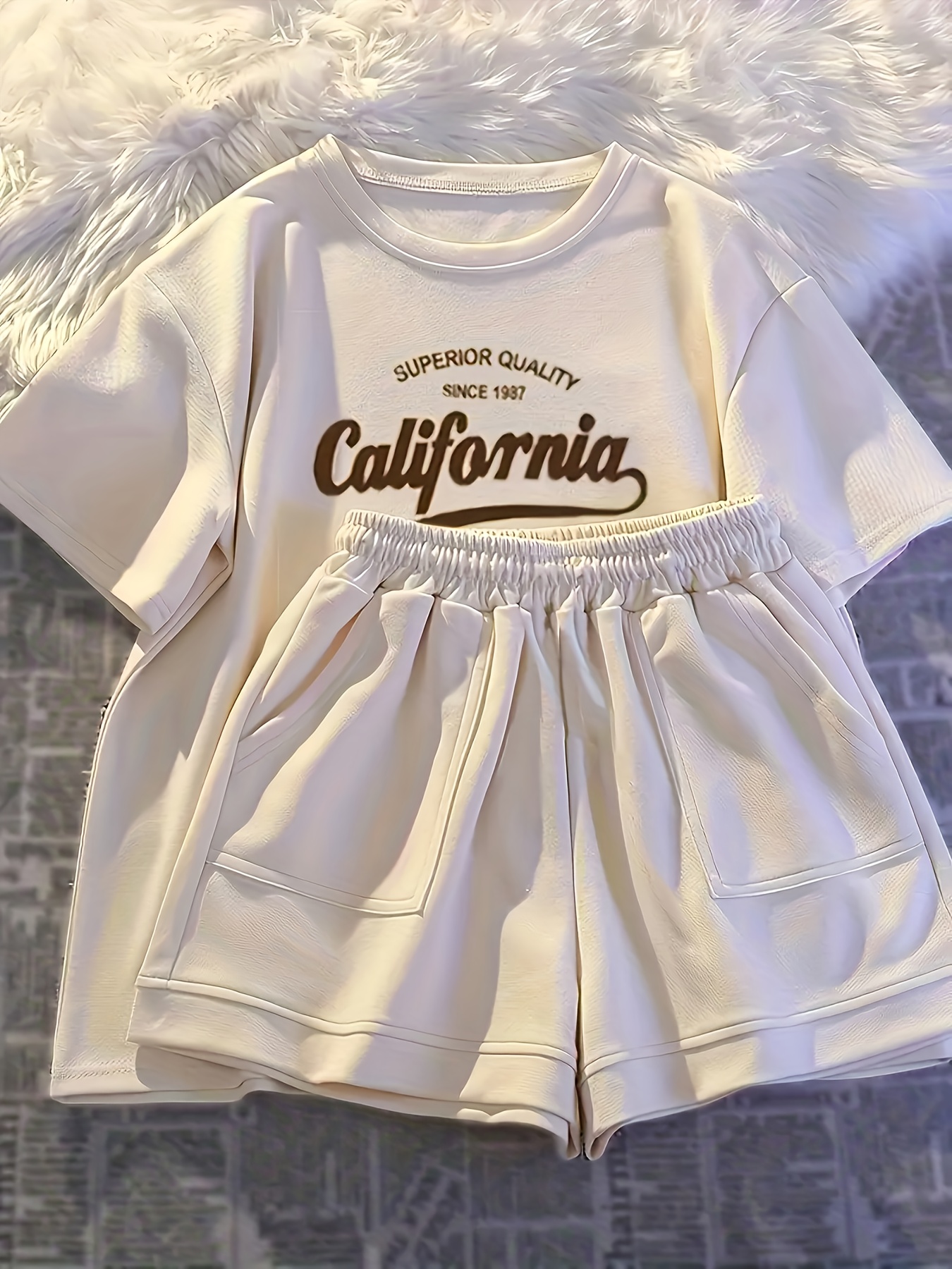 girls 2pcs set summer round neck letter   comfortable   two piece style short sleeve top and casual bermuda shorts outfit   outdoor