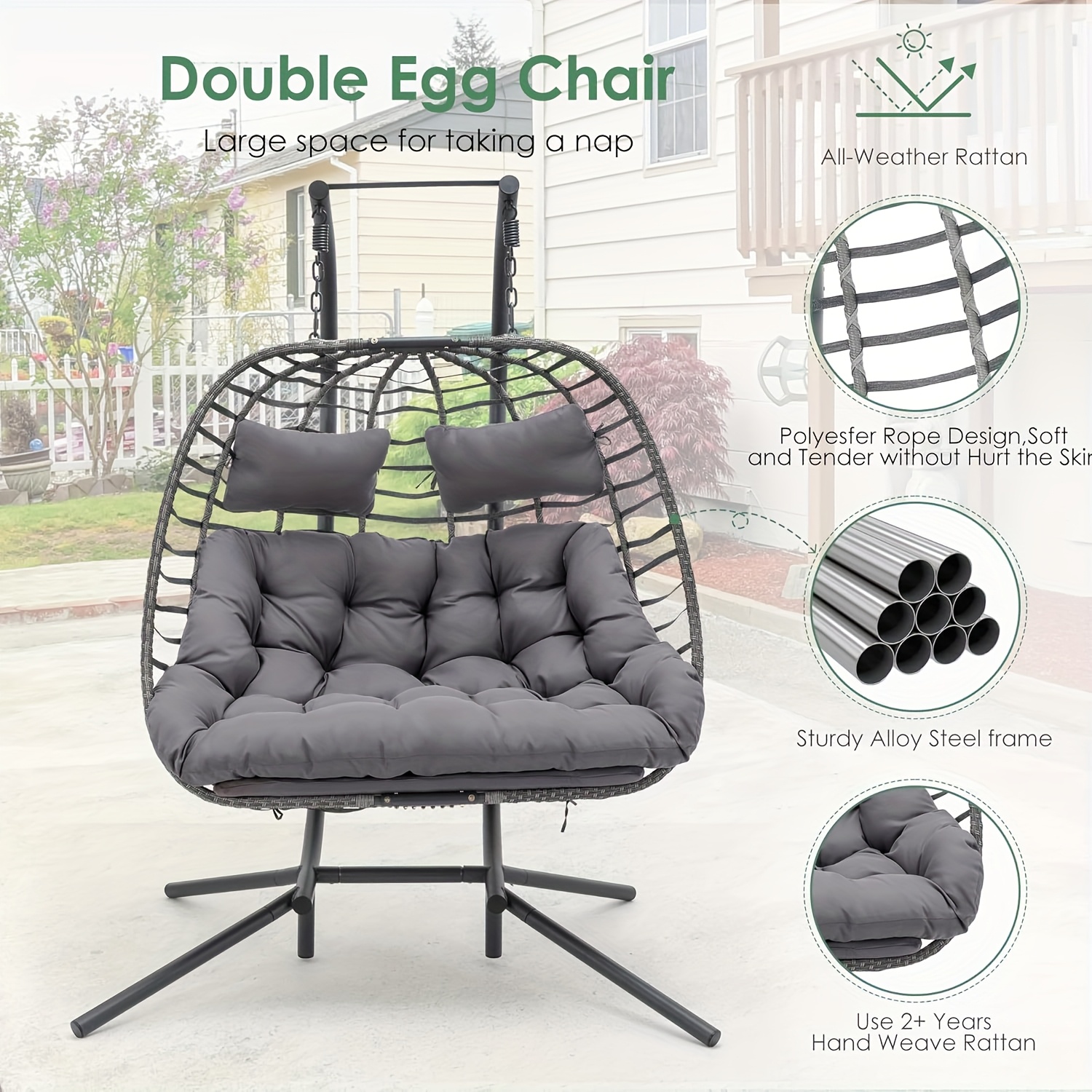 double egg swing chair with stand for outdoor, patio hand made rattan wicker 2 double hanging egg chairs hammock chair with uv resistant cushion and metal frame, porch swing loveseat for backyard details 4