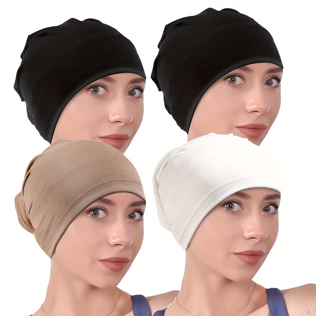 E-shop 4er-Set Weiche & Dehnbare Beanie-Mützen für Frauen - Einfarbig, Elastische Turban-Hüte mit Doppelseitigem Design