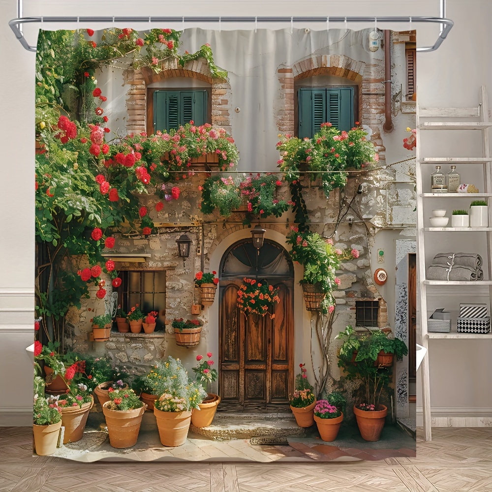 

1pcs Shower Curtain Retro European Town Greece Window Door Street Plant Vine Mediterranean Scene Polyester Fabric Curtain Set 70x70 Inch Included Hooks70.8x70.8inch