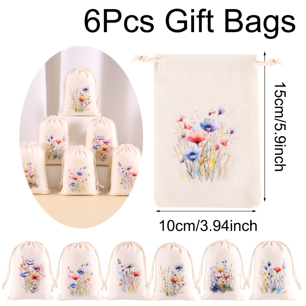 6pcs Cotton Drawstring Bags, Festive Party Gift Bags Featuring Colorful Flower, Perfect For Wedding Birthday Party Supplies, Jewelry Storage Spring Presents, Spring Indoor And Outdoor Party Decor