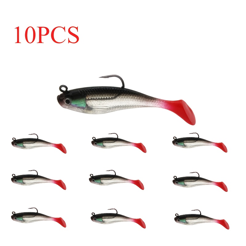 TEMU 10-pack Soft Fishing Lures With Lead Weight - Lifelike T-tail Swim Baits, Durable Pvc Lures For Freshwater & Saltwater, Realistic Design, Fishing Bait