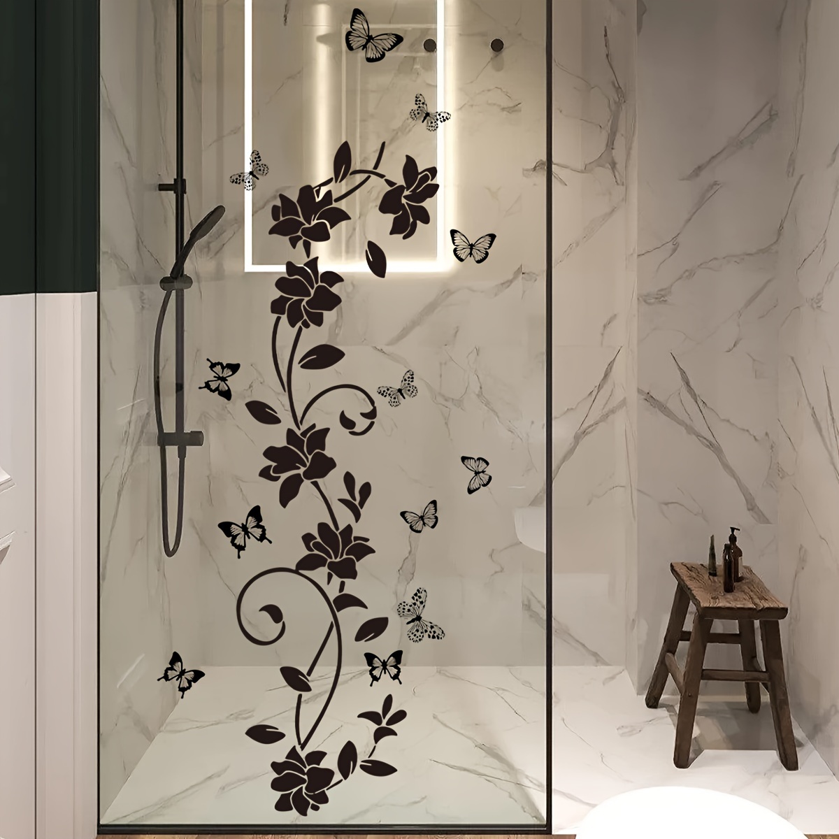 

Black Floral Butterfly Vine Mirror Glass Decal For Home Bathroom Decor, Self-adhesive Wall Sticker, Plastic Material, No Electricity Needed