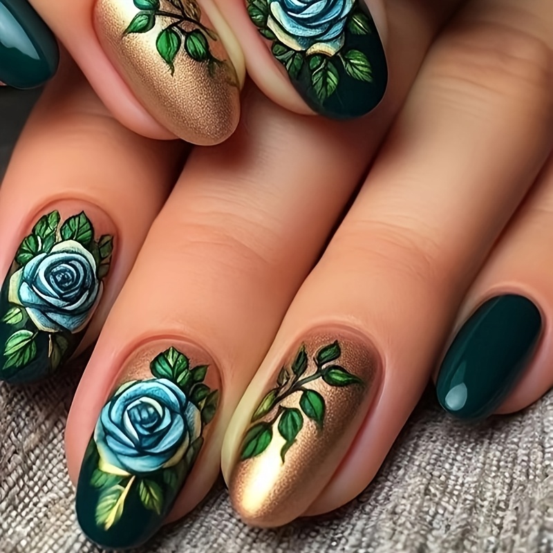 

24pcs Luxe Green & Golden Floral Press-on Nails Set - Medium Oval, , Elegant Fake Nails For A Chic Look