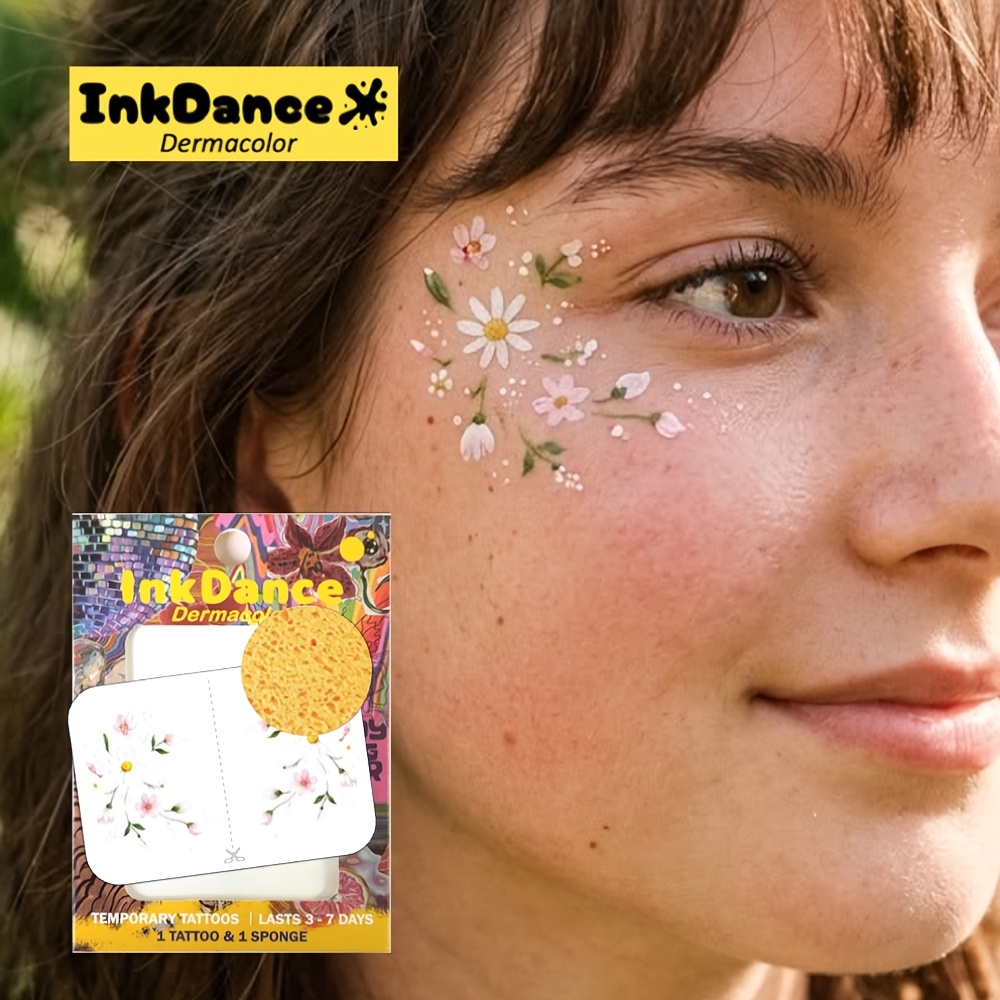 Image of Inkdance "floral Eye" Temporary Tattoos, Daisy Face Decal Fake Tattoos, Waterproof, Pink Authentic Tattoo Look, Colorful, Easy To Apply And Csx061