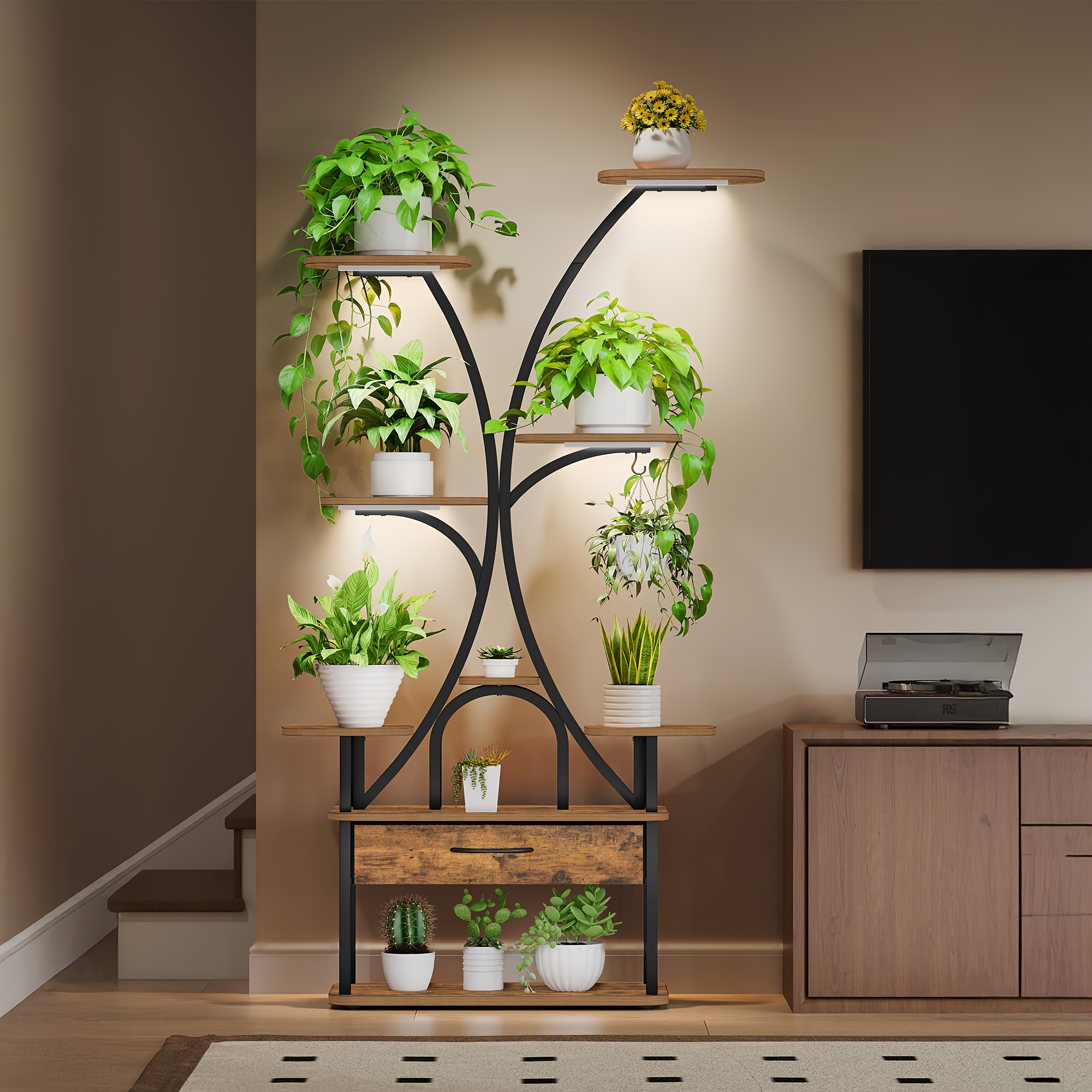 Plant Stand   Light, 9-Tier Flower Stand with 4 R-G LED Lights, Adjustable Colour And Timing, 164cm, Ideal for Living Room, Balcony, Garden,  /Black, Mounted  