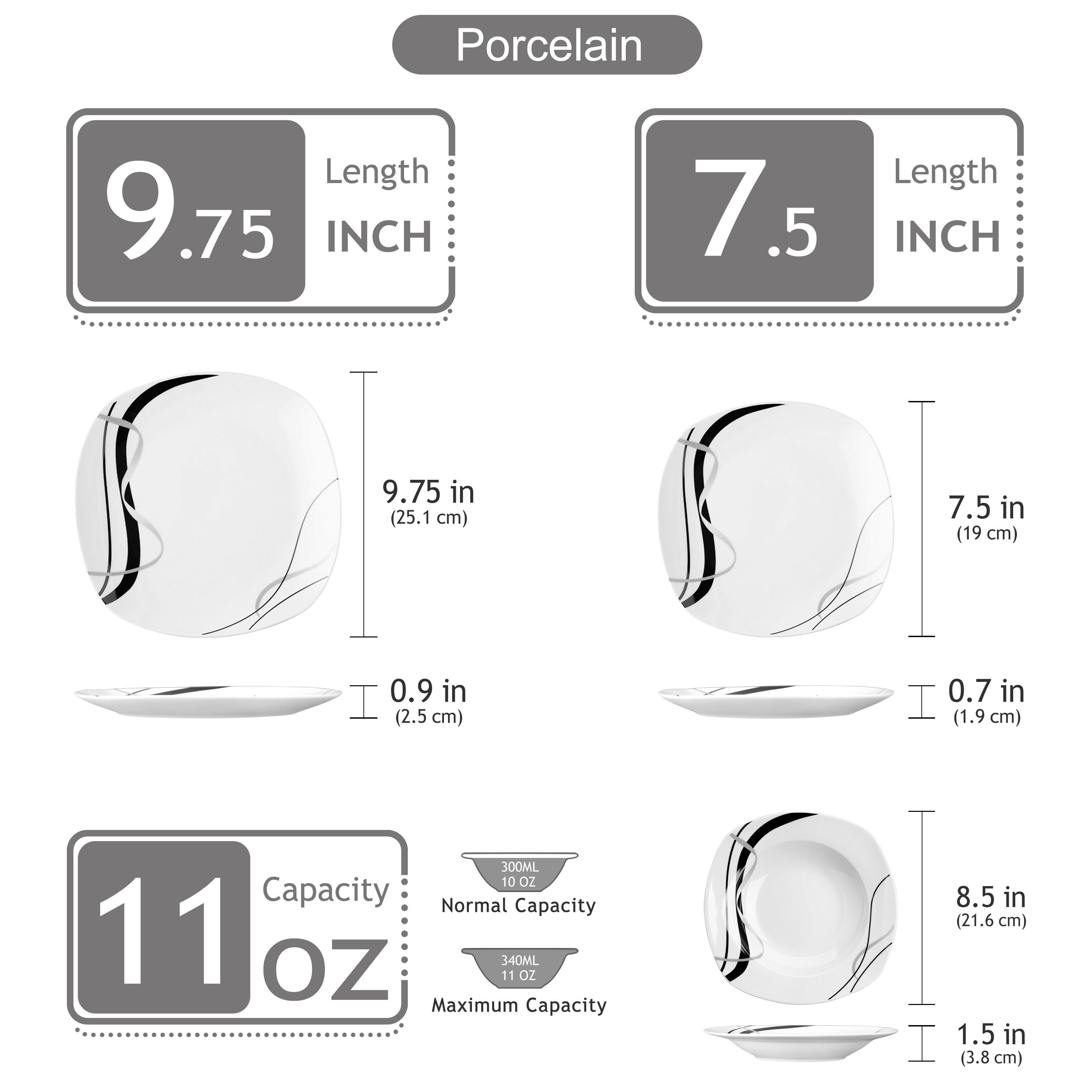E-shop 18-teiliges weißes Keramik-Abziehbild-Set, Geschirrset für 6 Personen mit Teller/Schüssel/Suppe-Teller