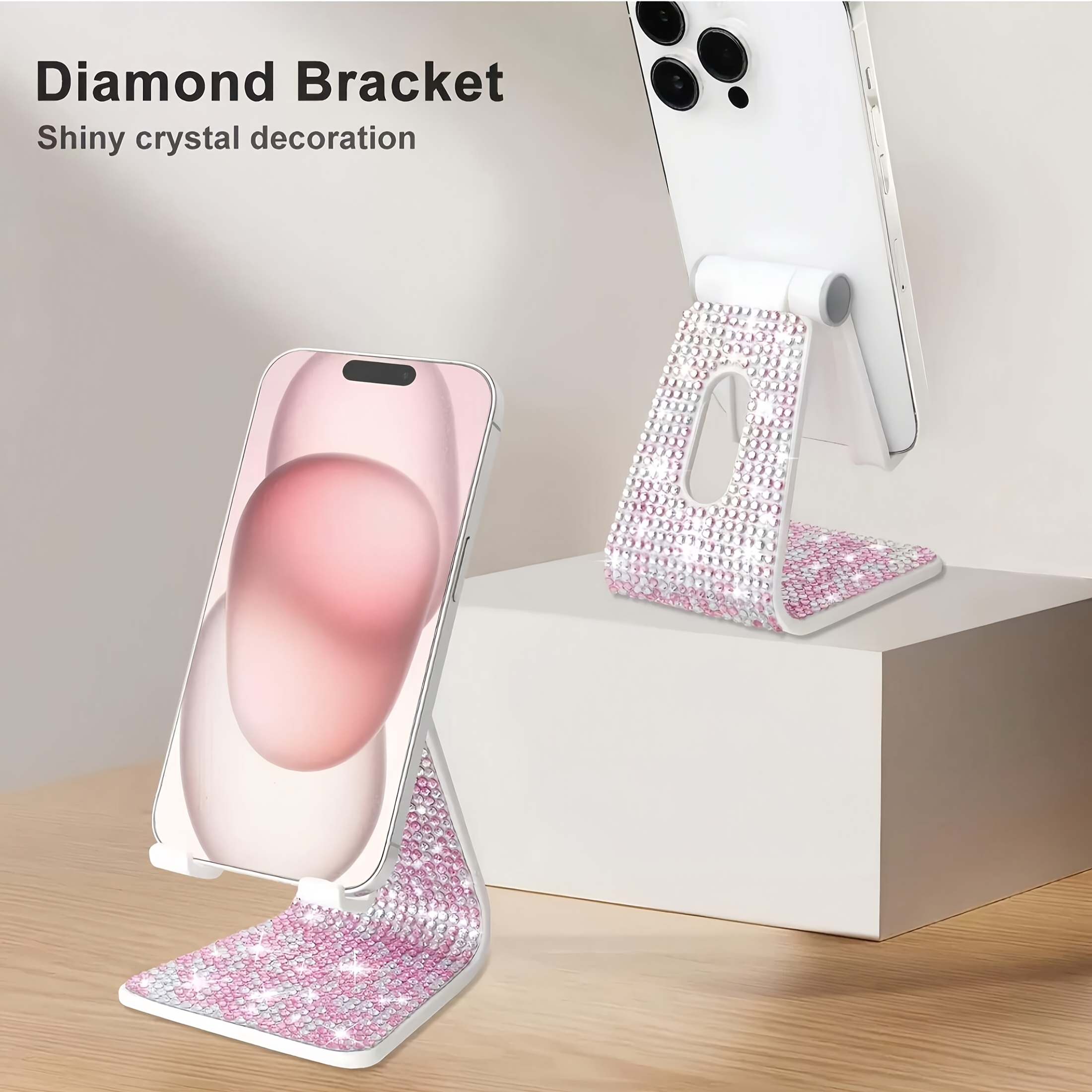 Soporte para Teléfono de Diamante Brillante y Blanco, Base de Escritorio - Accesorio Decorativo para Oficina Compatibles con Móviles y Tabletas (1 pieza)