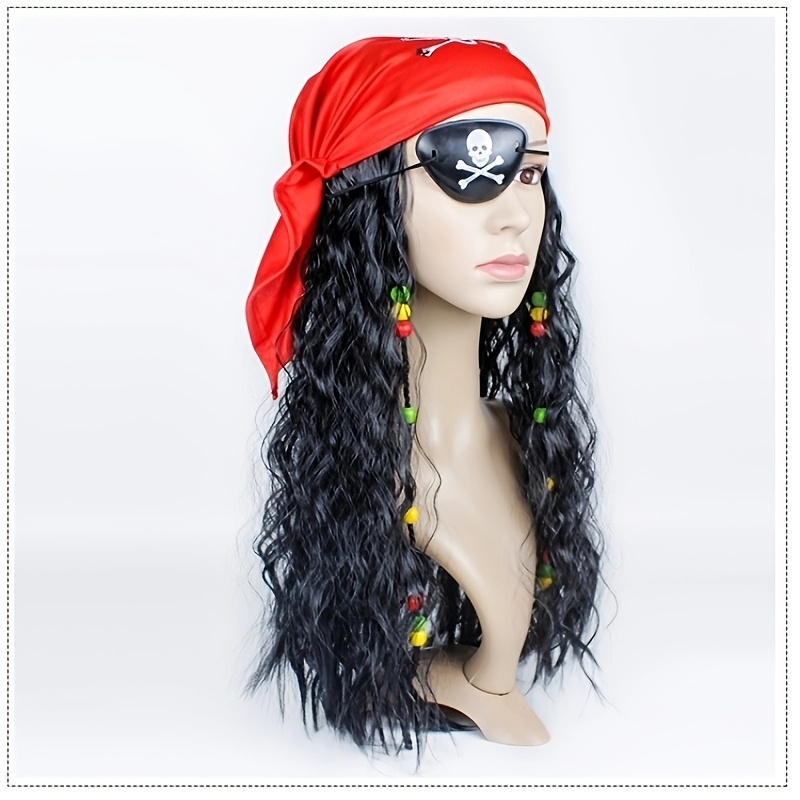 3pcs set pirate headscarf wig black curly cosplay hair with   26 inch synthetic fiber wig suitable for themed parties role play costume events unisex for european  