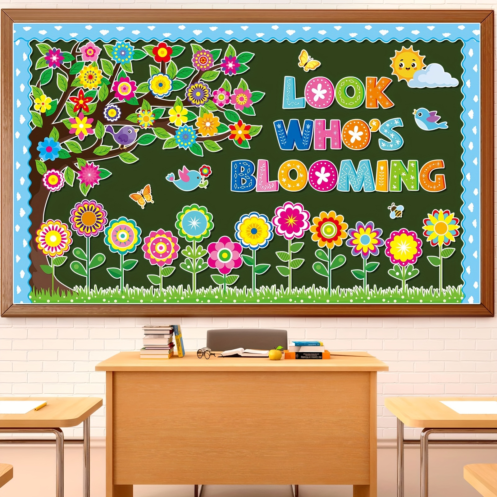 

128pcs Classroom Bulletin Board Decorations Set Floral Bulletin Board Look Who's Blooming Photo Posting Craft Cutouts Growth Wall Supplies For School Offices Home