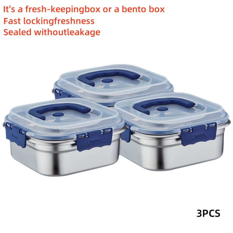 TEMU 1/3/6pcs Stainless Steel Food Storage Container With Blue Lid, Deepened And Increased Capacity, Suitable For Refrigerator Fresh-keeping Boxes, Sealed Bowls, Lunch Boxes, Kitchen Supplies