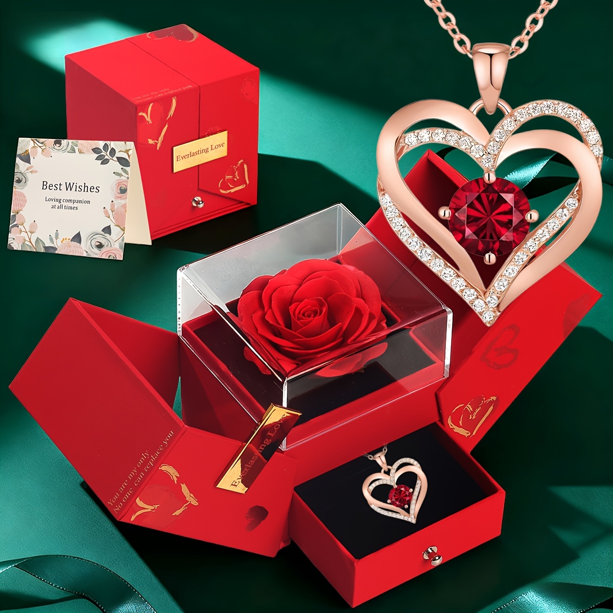 E-shop Elegantes hochwertiges „Ich liebe dich“-Halskette in 100 Sprachen, kombiniert mit einer roten Rosen-Geschenkbox. Eine ultra-romantische