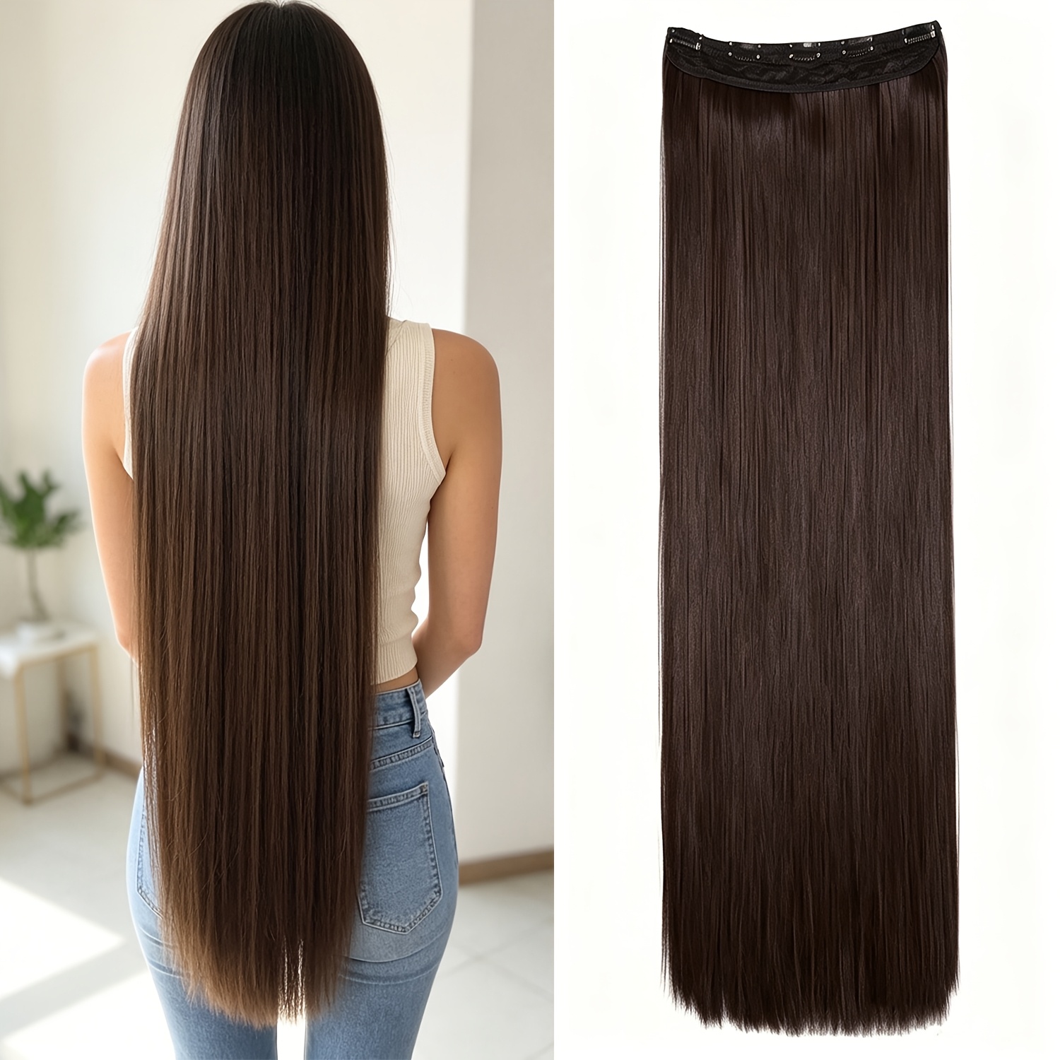 TEMU Merisihair Women' Clip-in Hair Extensions Suitable For Hair Types, Heat Resistant Synthetic Straight Hair With 5 Clips, Fiber Extensions For