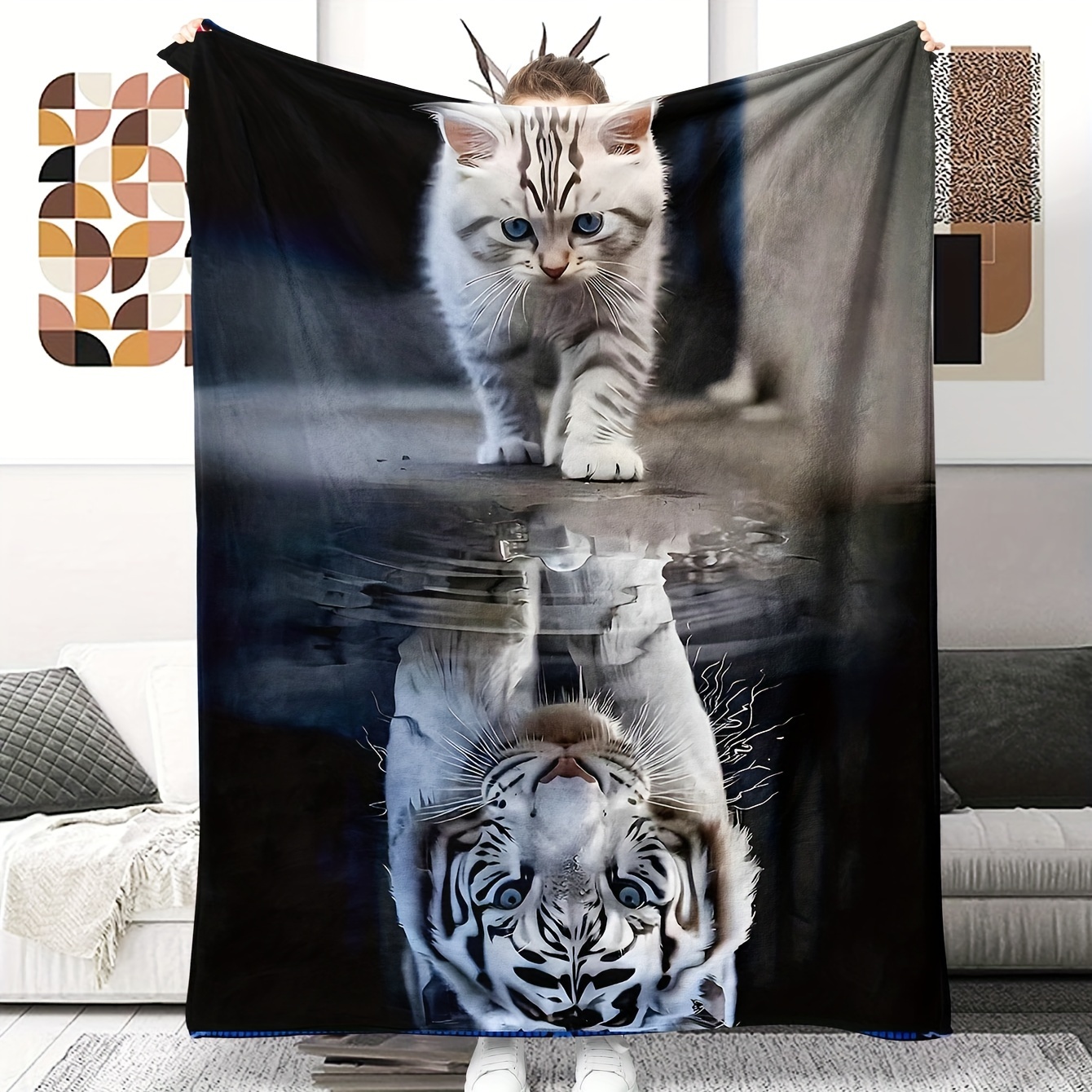 

Contemporary Flannel Throw Blanket With Cat And White Tiger Reflection Design - Multipurpose, All-season, Digital Print, 100% Polyester, Knitted Craft For Home Decor, Sofa, And Gift