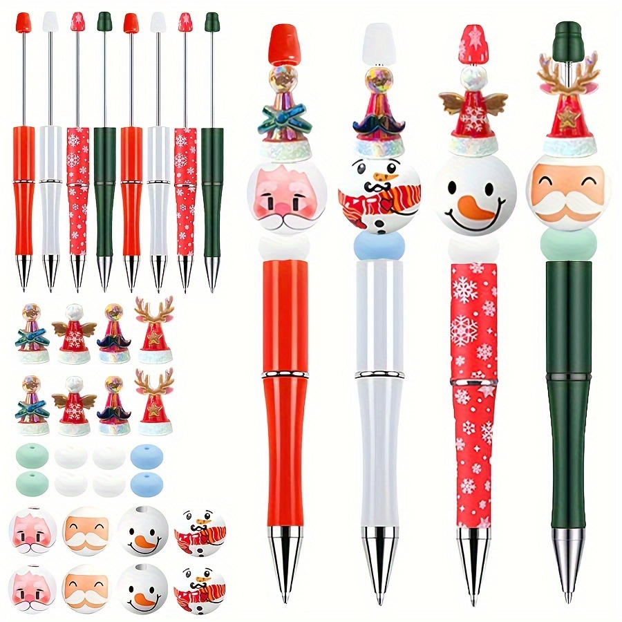 

32pcs/8sets Christmas Themed Beading Pens Set With Acrylic Santa Hat, Wooden Snowman, And Santa Claus Charms, Silicone Spacer Beads, Diy Beading Pen Kit With 1mm , Plastic Beads For Crafting