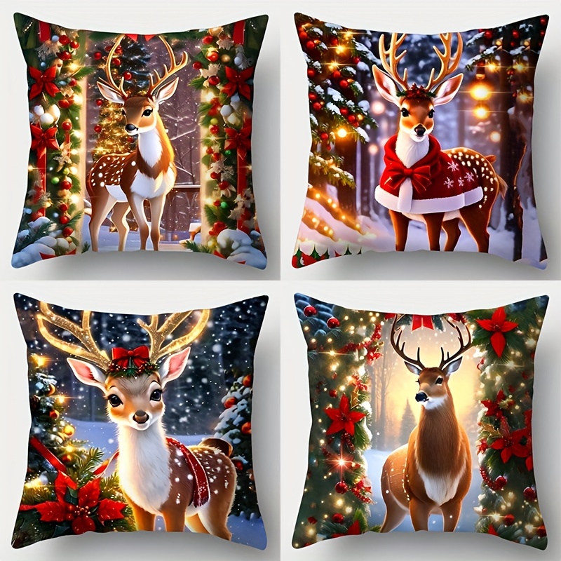 

Contemporary Christmas Reindeer Pillow Covers Set Of 4, Holiday Themed Throw Cushion Cases, 17.7x17.7 Inch, Zippered, Hand Wash, Polyester, Festive Decor For Living Room
