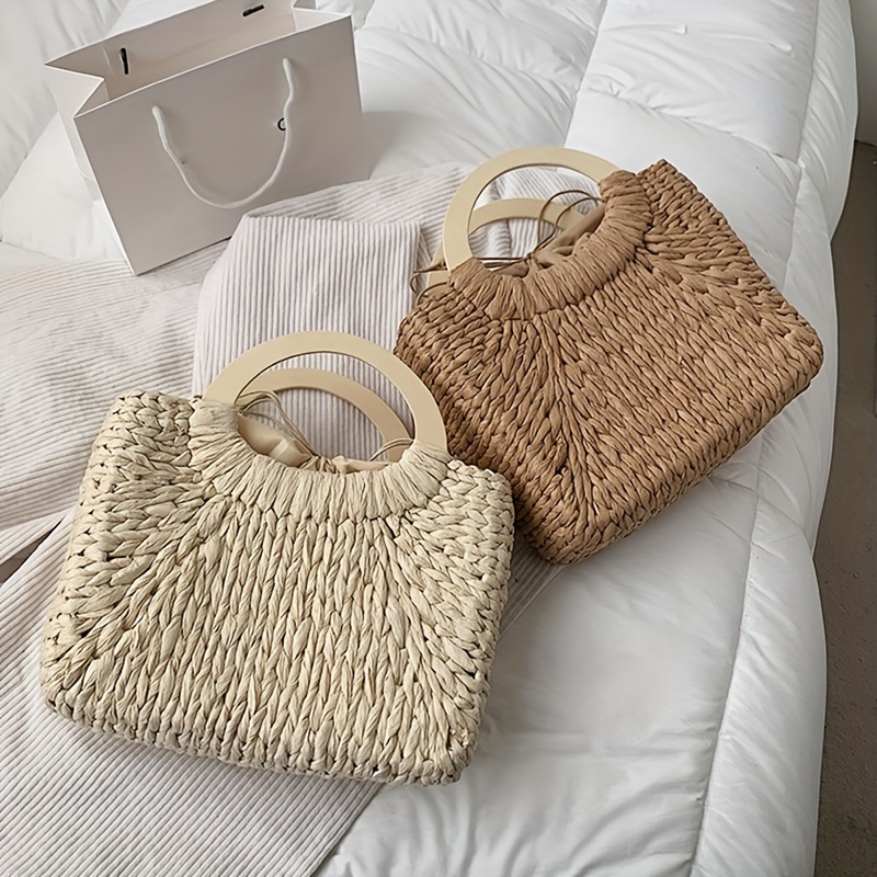 Summer Straw Women Wooden Handle Beach Bag Braided Handmade Bohemia Handbag - Main Image