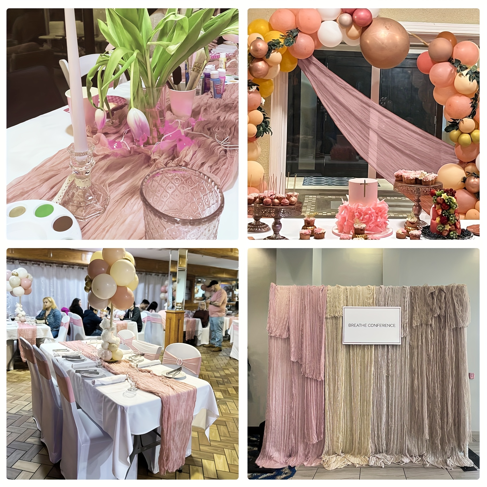 Image of 3pcs Set Cheesecloth Table Runner, Bohemian Gauze Fabric Table Runner Rustic Sheer Runner For Wedding Party Bridal Baby Shower Long Table Decor