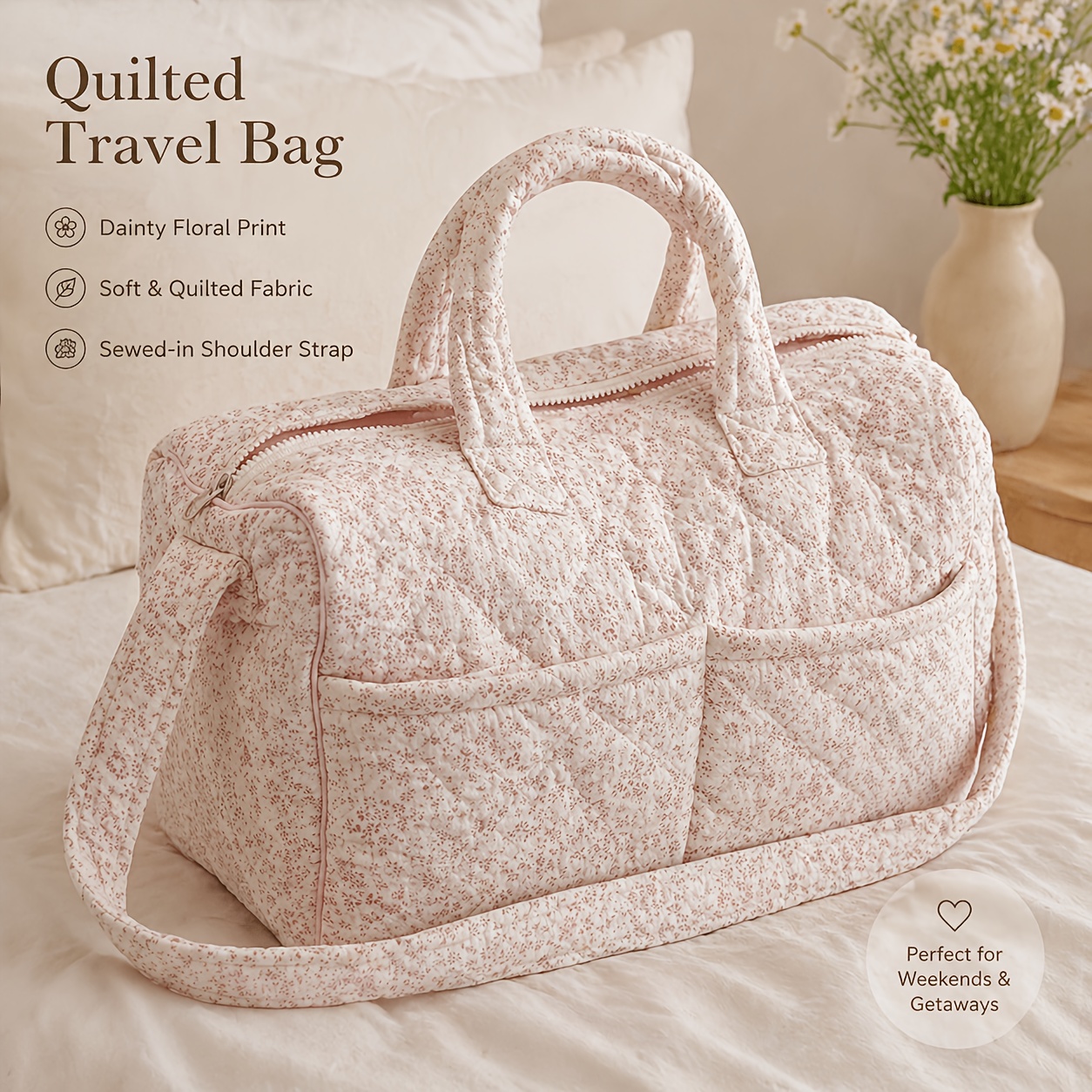 TEMU Travel Bag, Luggage Bag - Pink Floral Vintage-style Classic High-value Fabric Zippered Portable Hand-carry Crossbody Luggage Bag