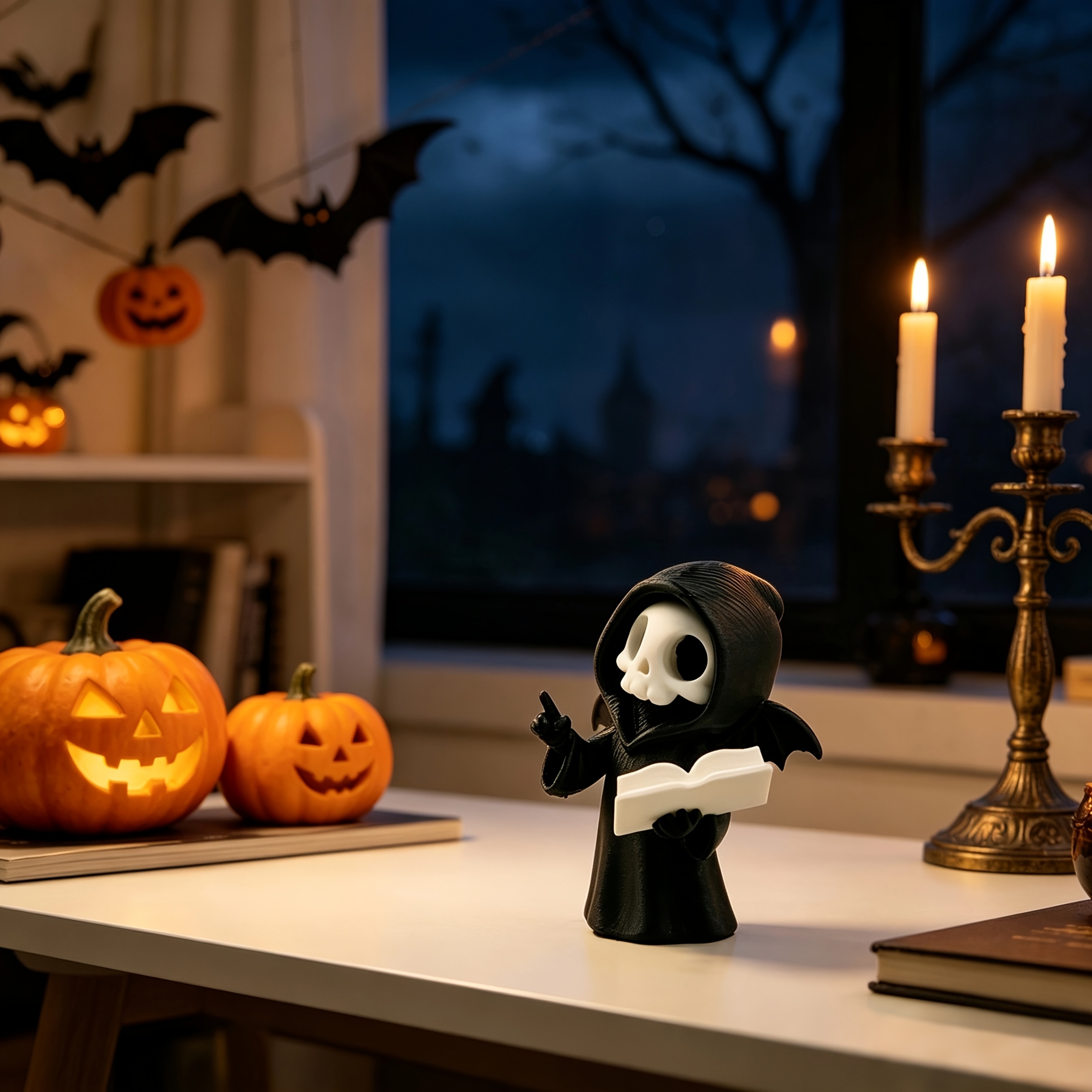 TEMU Collectible Figurines 2.91 Inch Mysterious Hooded Character Sculpture With Story Book, Halloween Themed Desktop Decorative Ornament, Pla Statue,