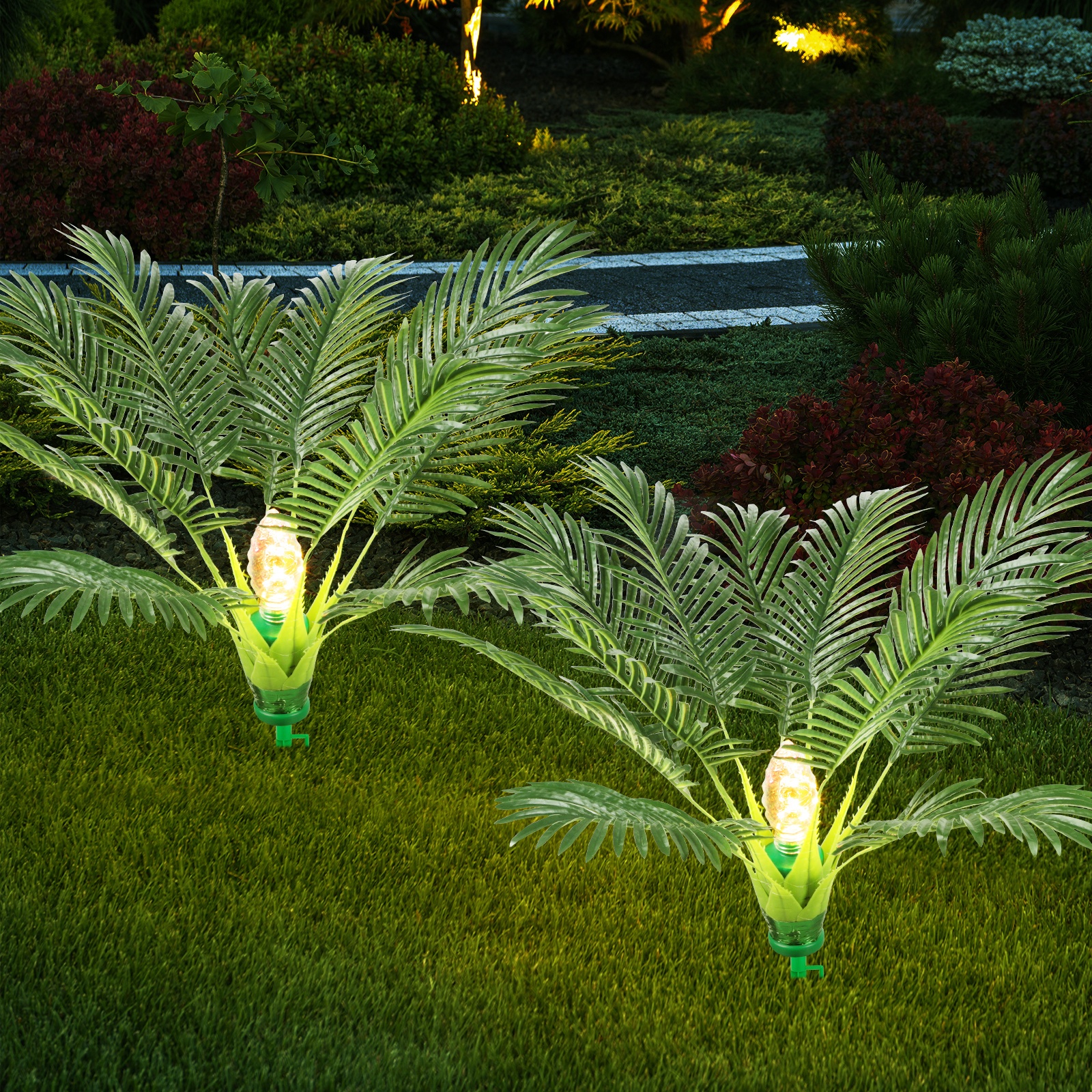 TEMU 2 Pack Palm Tree Artificial Plants With Solar Light 25" Christmas Tree With Spike Pathway Light With 8 Lighting For Xmas Decoration Yard Patio