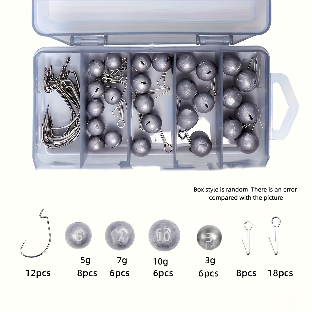 64pcs Fishing Sinker Set. Lead Sinker With Pin And Crank Hook. Suitable For All Kinds Of Fishing Rigs In Saltwater And Freshwater. Sturdy Lure Box For Easy Carrying Random Weight