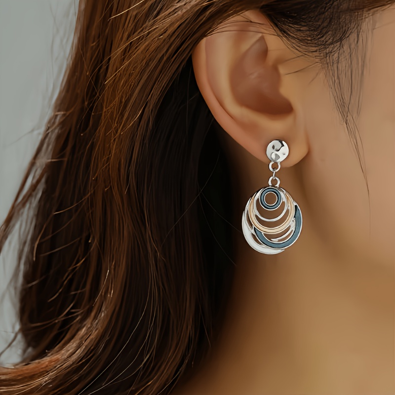TEMU 1 Par de Pendientes Colgantes de Esmalte Estilo Bohemio Diseño Geométrico Circular Hueco, Elegantes y a para Mujeres, Adecuados para Regalar ,