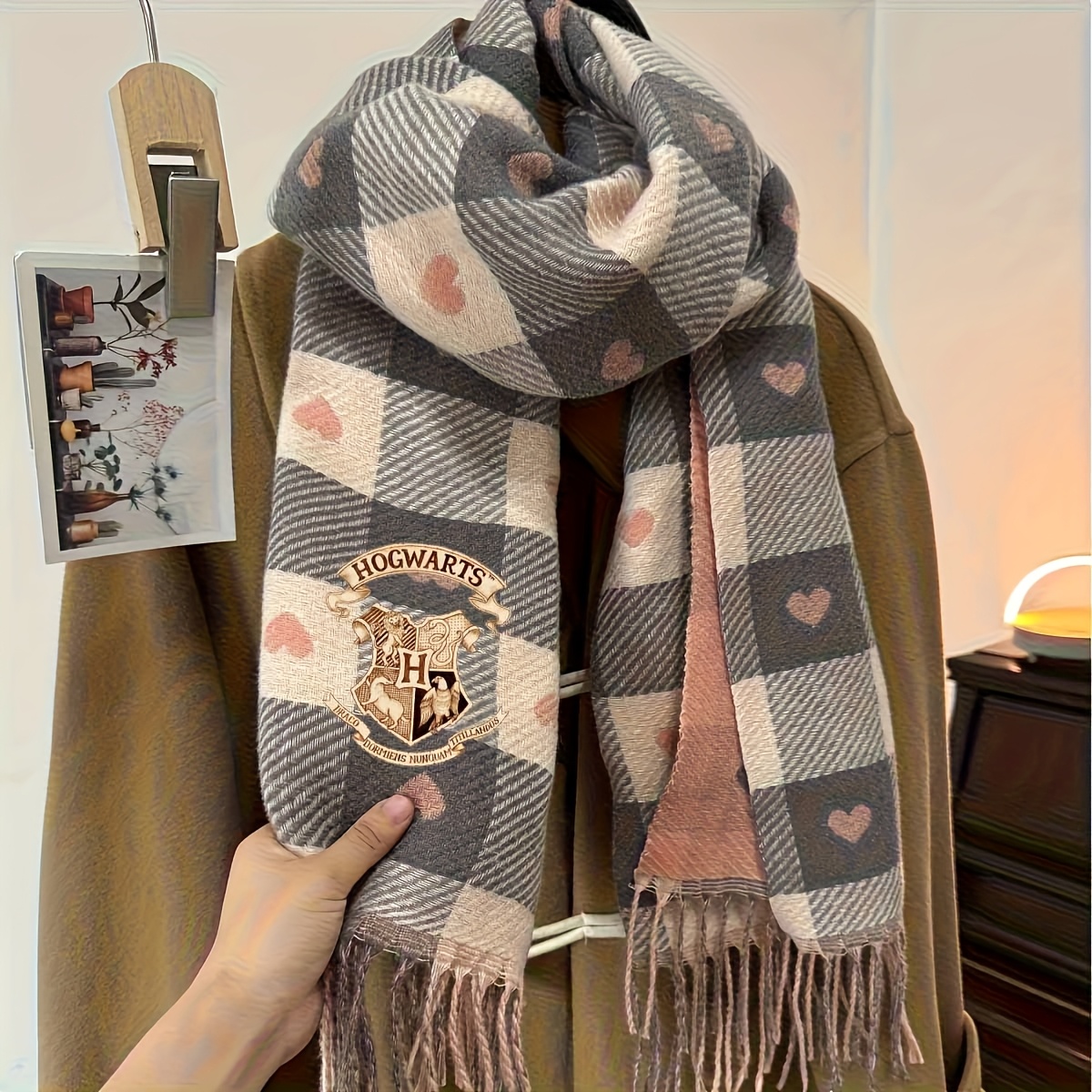 Image of Wb Warner Fashion Harry Potter Women's Winter Scarf - Polyester, Hand Wash, Windproof, Emblem Print, Unisex Decorative Shawl, Non-stretch Thickened , Perfect Christmas Gift For Casual