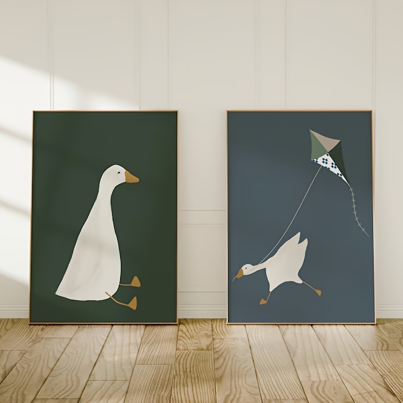 

2pcs Cute Poster Canvas Wall Art Goose And Kite Painting Print On Dark Green Background For Farm Room Decoration Gift No Framed Eid Al-adha Mubarak