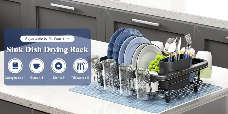 expandable dish rack with utensil holder adjustable over the sink or countertop design metal kitchen organizer for plates cups utensils holidays everyday use countertop dish rack sleek dish holder durable kitchenware Product details 0