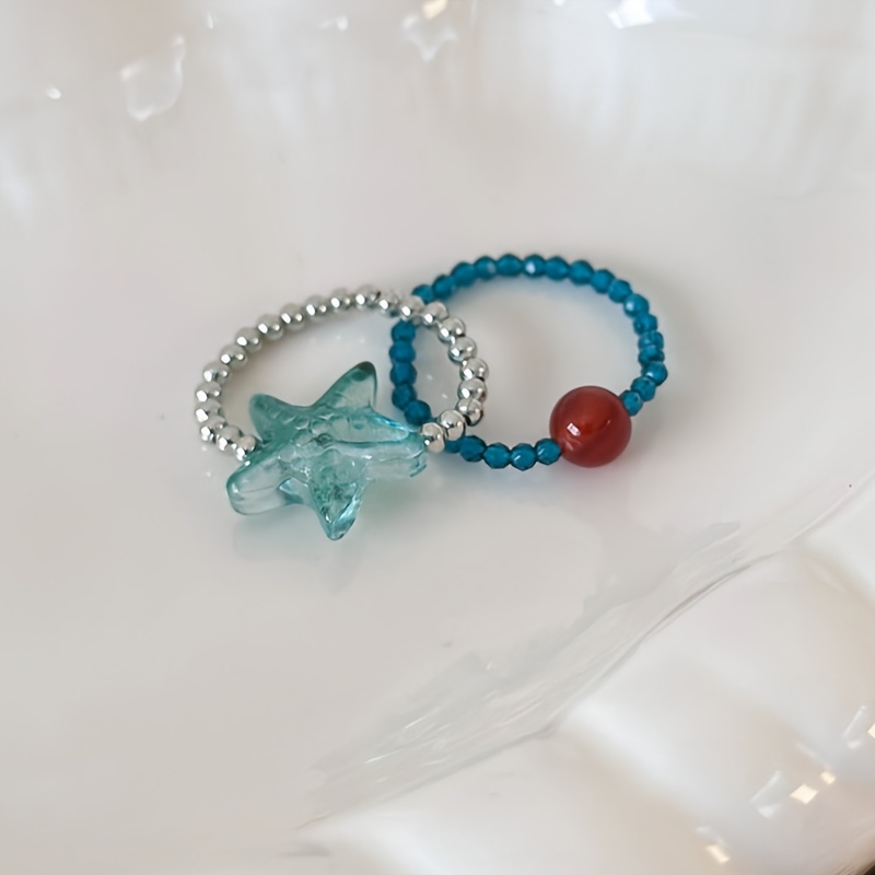 Adjustable Boho Starfish Ring with Green Beads